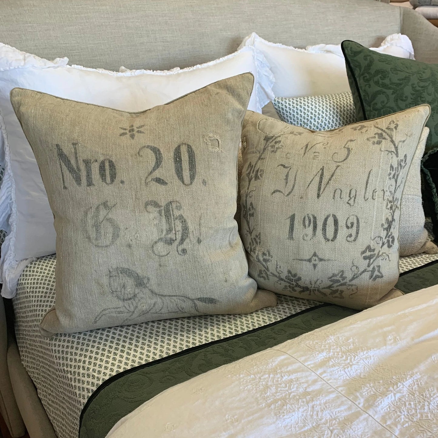 Small Antique Grainsack Pillow Stamped - Blue Springs Home