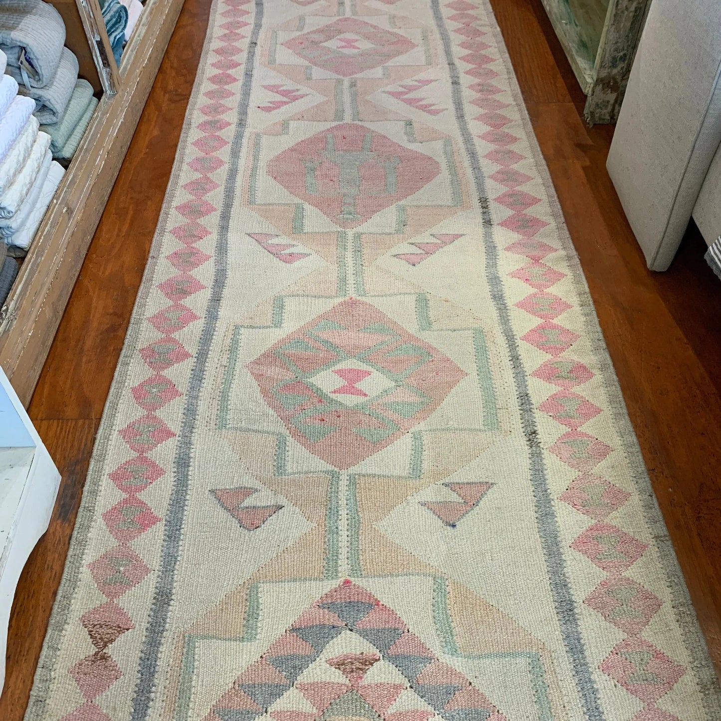 Cream Pale Pink Runner Vintage Rug 3'16x10'6