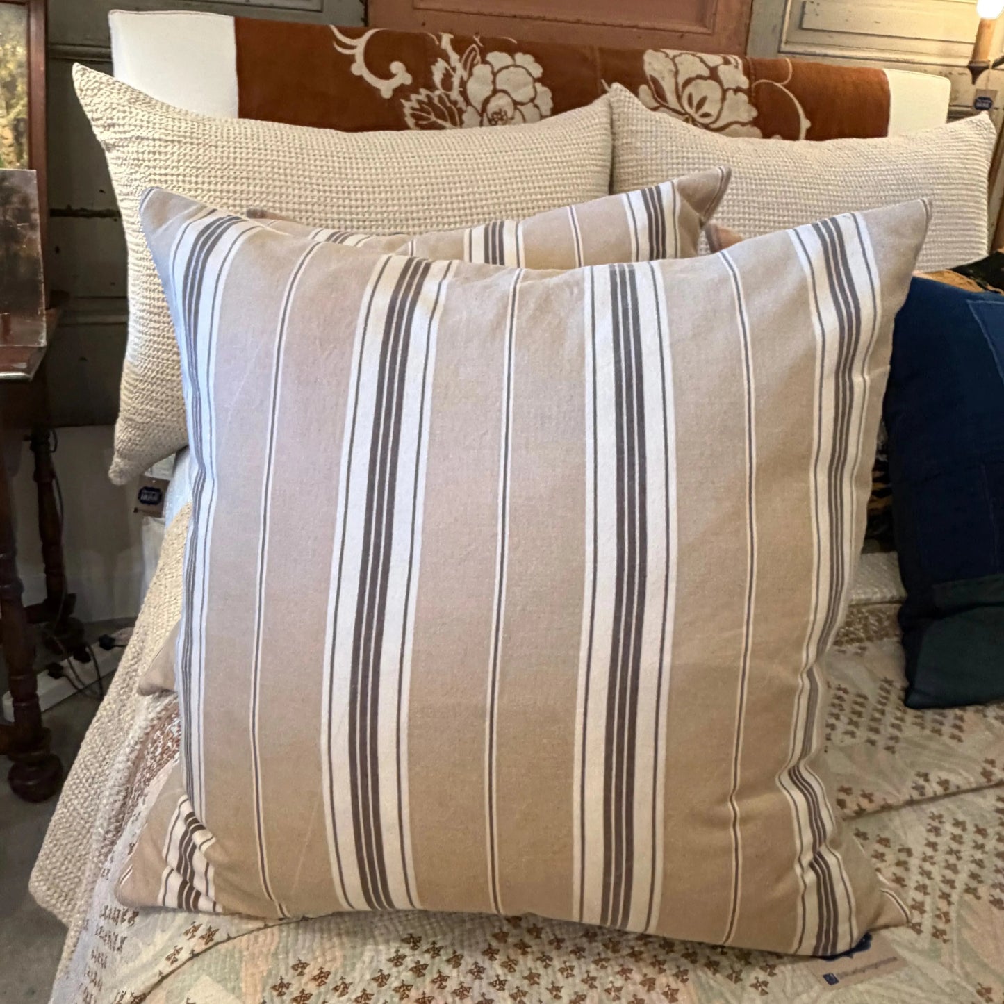 Vintage French Ticking pillow browns 22x22 - Blue Springs Home