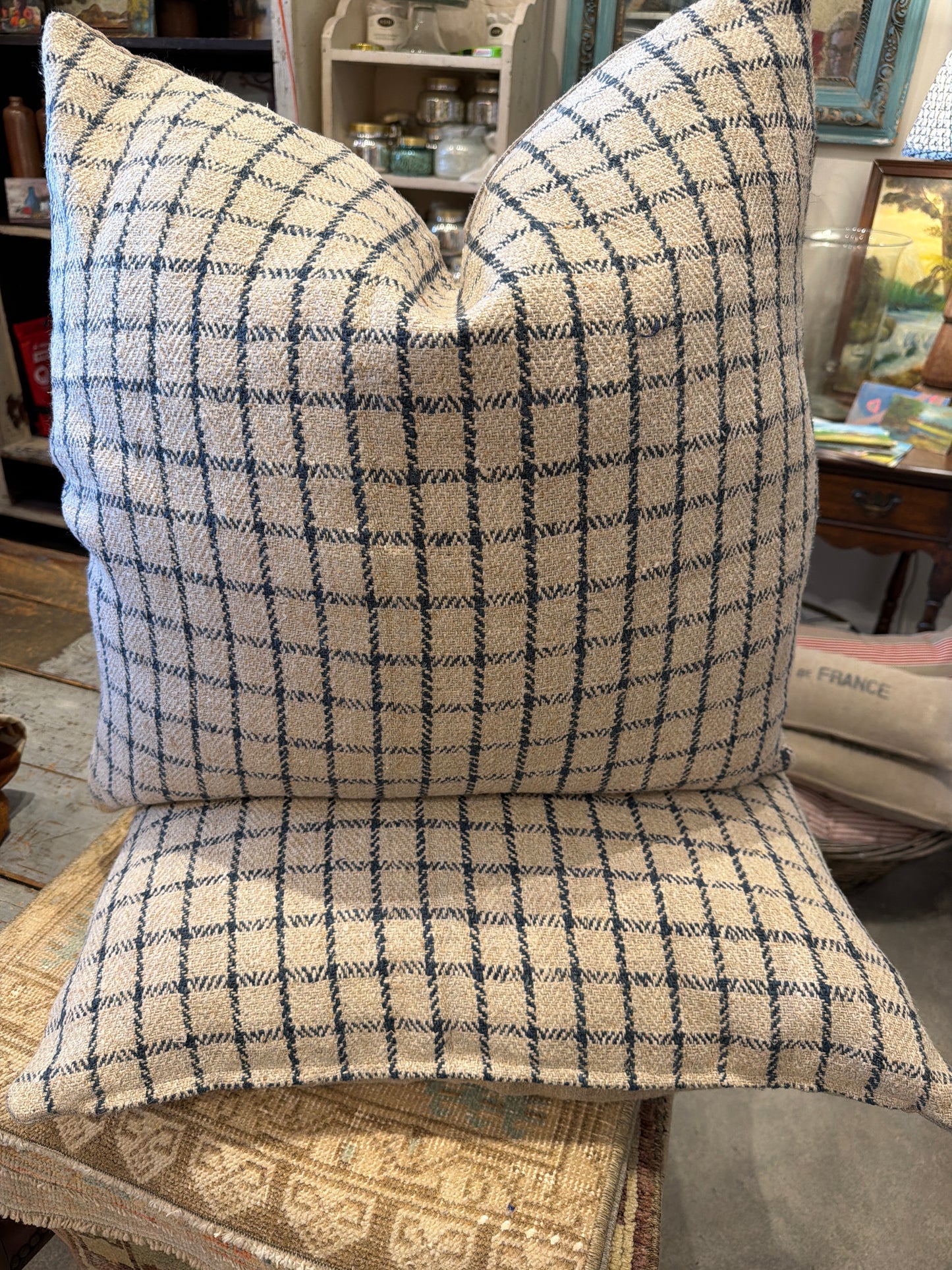 Antique Hemp indigo cream check 24x24