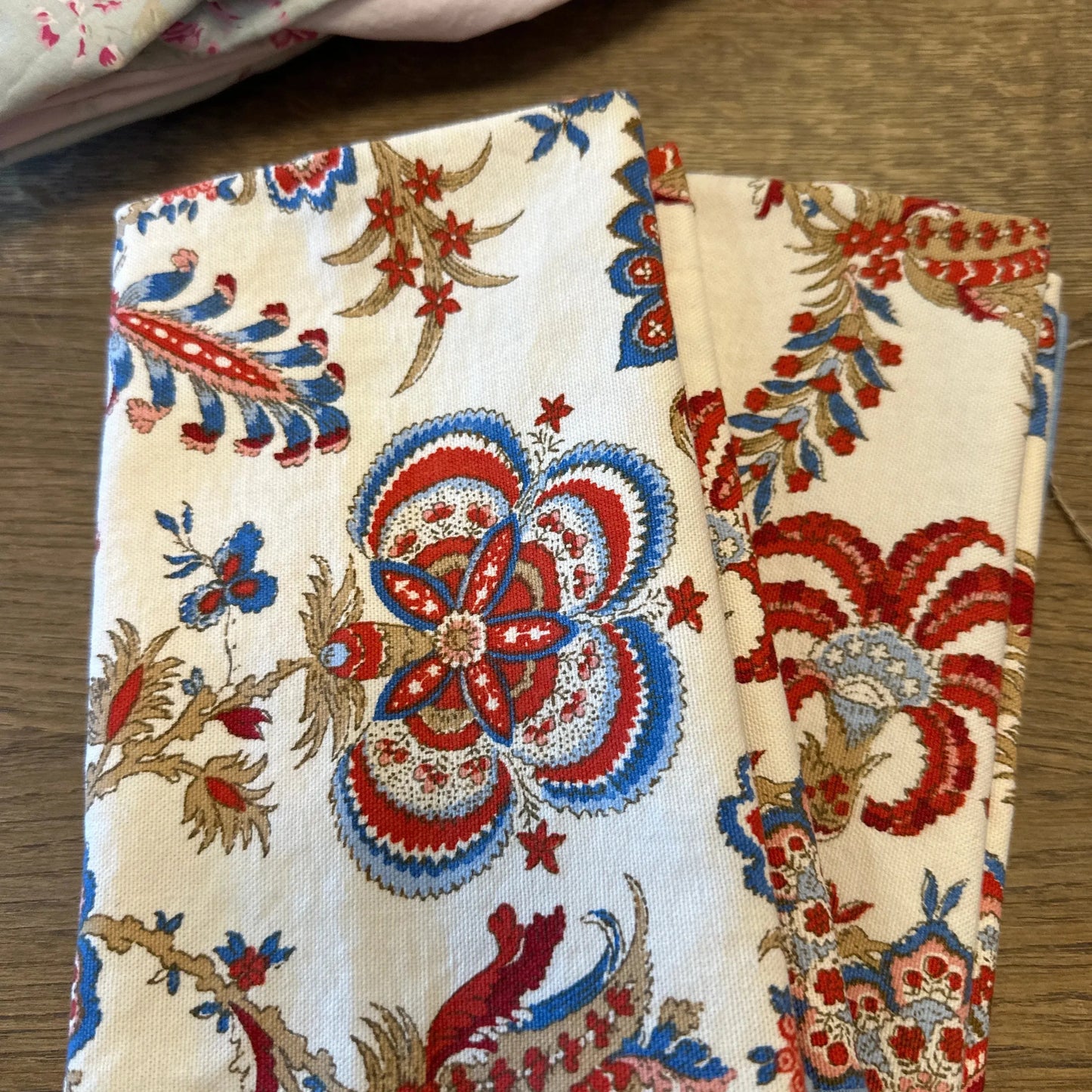 S/6 Vtg napkins batik red blue JP - Blue Springs Home