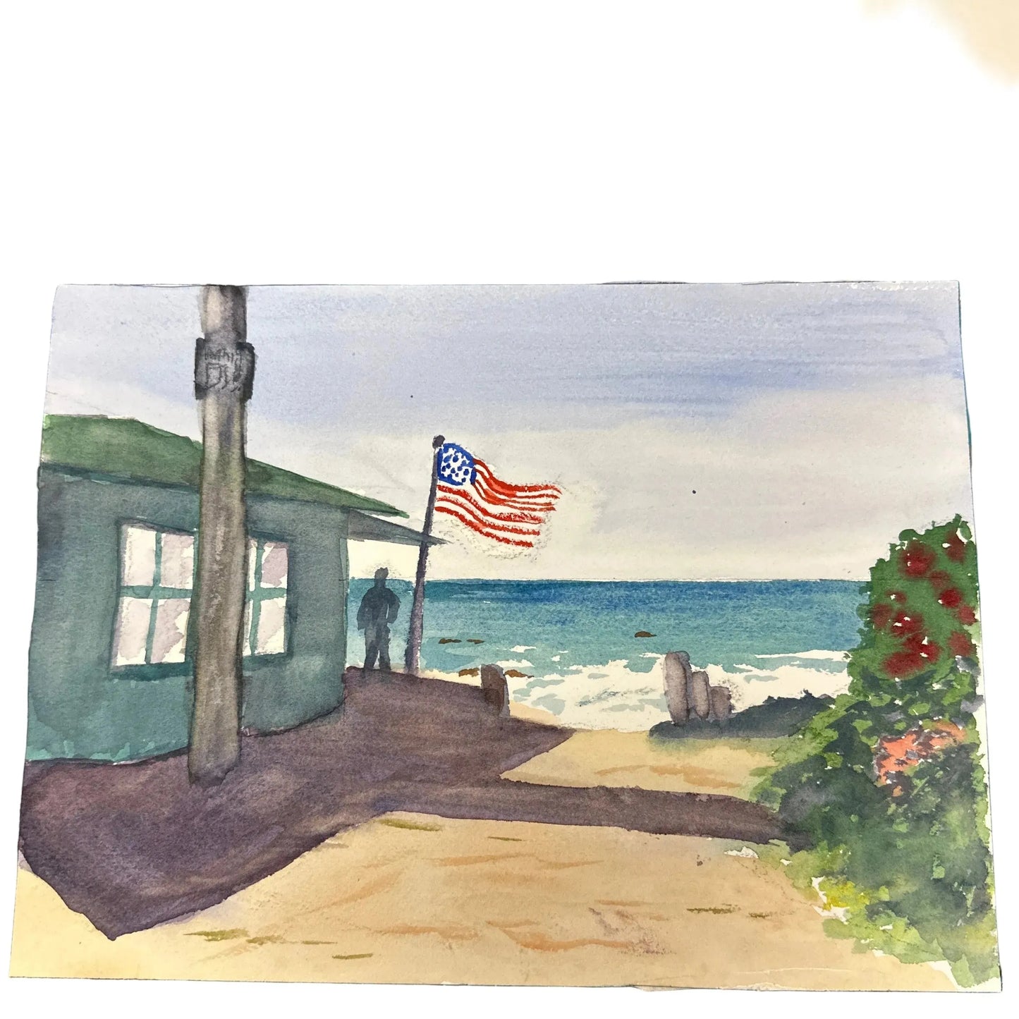 Original watercolor beach flag 12x9 - Blue Springs Home