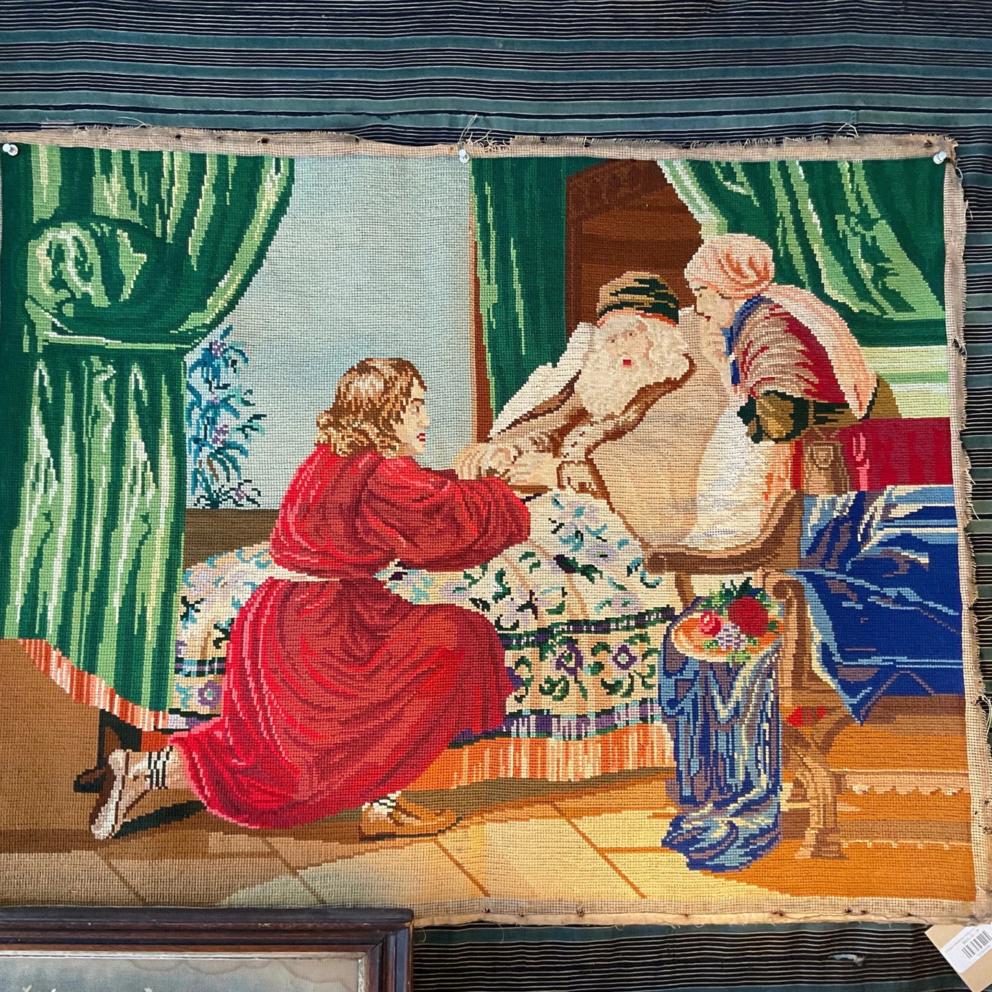 Antique Needlepoint Isaac and his Son Daughter - Blue Springs Home