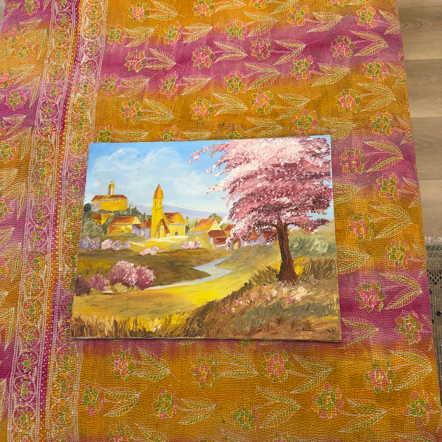Vtg Pink trees golden village painting - Blue Springs Home