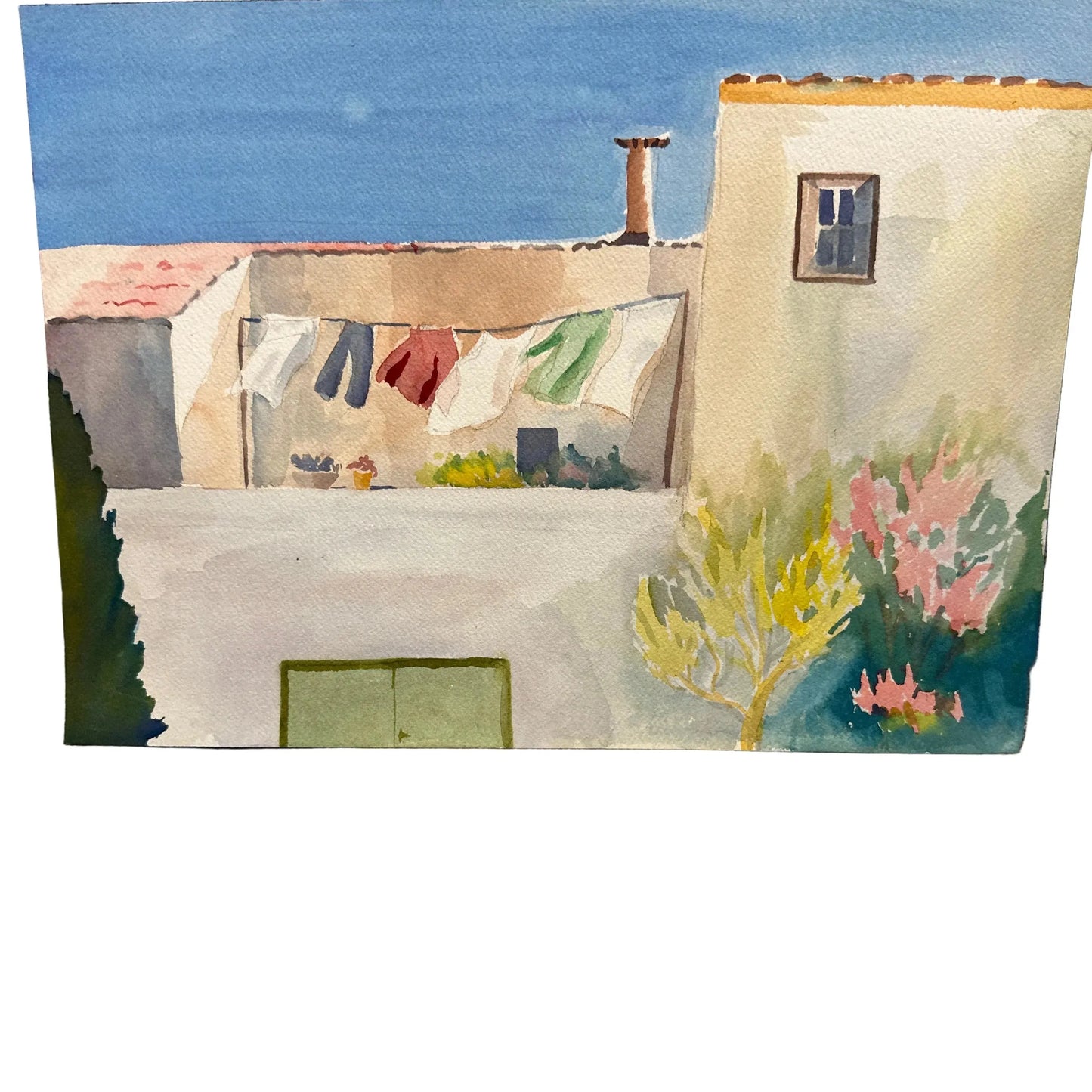 Original Watercolor Balcony Clothes 10x14 - Blue Springs Home