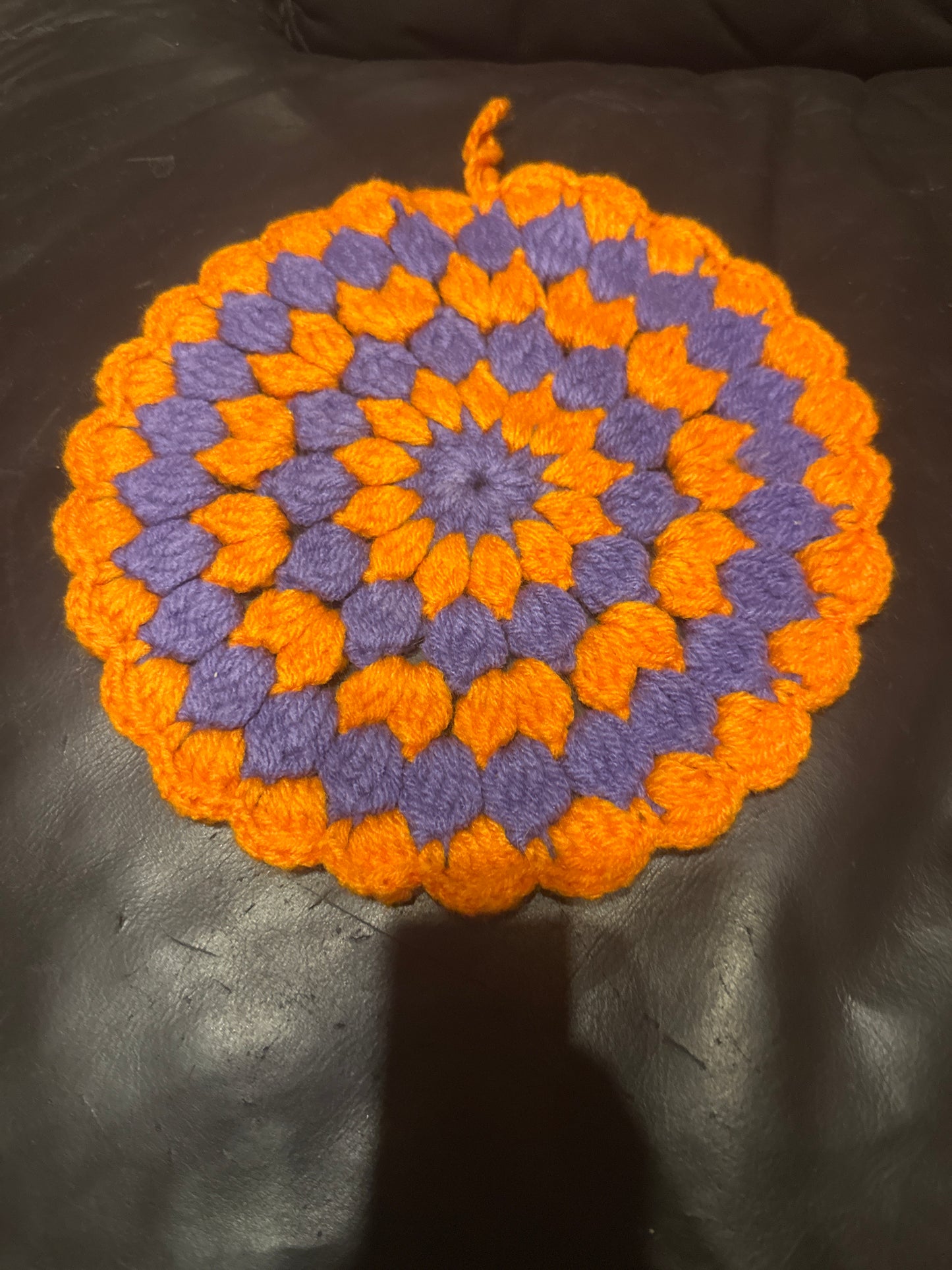 Vtg Crochet Potholder Orange Purple Round