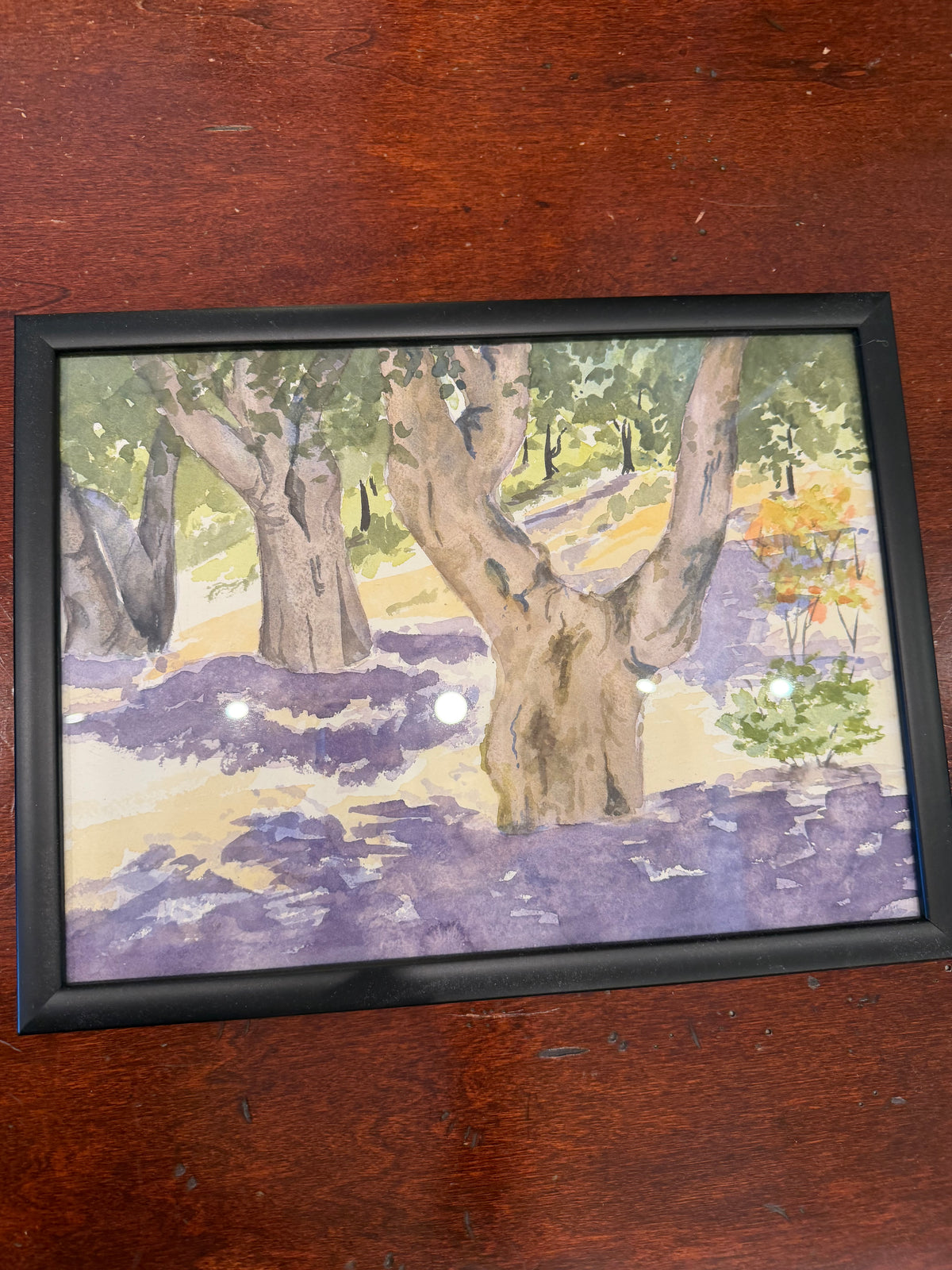 Watercolor Tree Trunks Purple Flowers