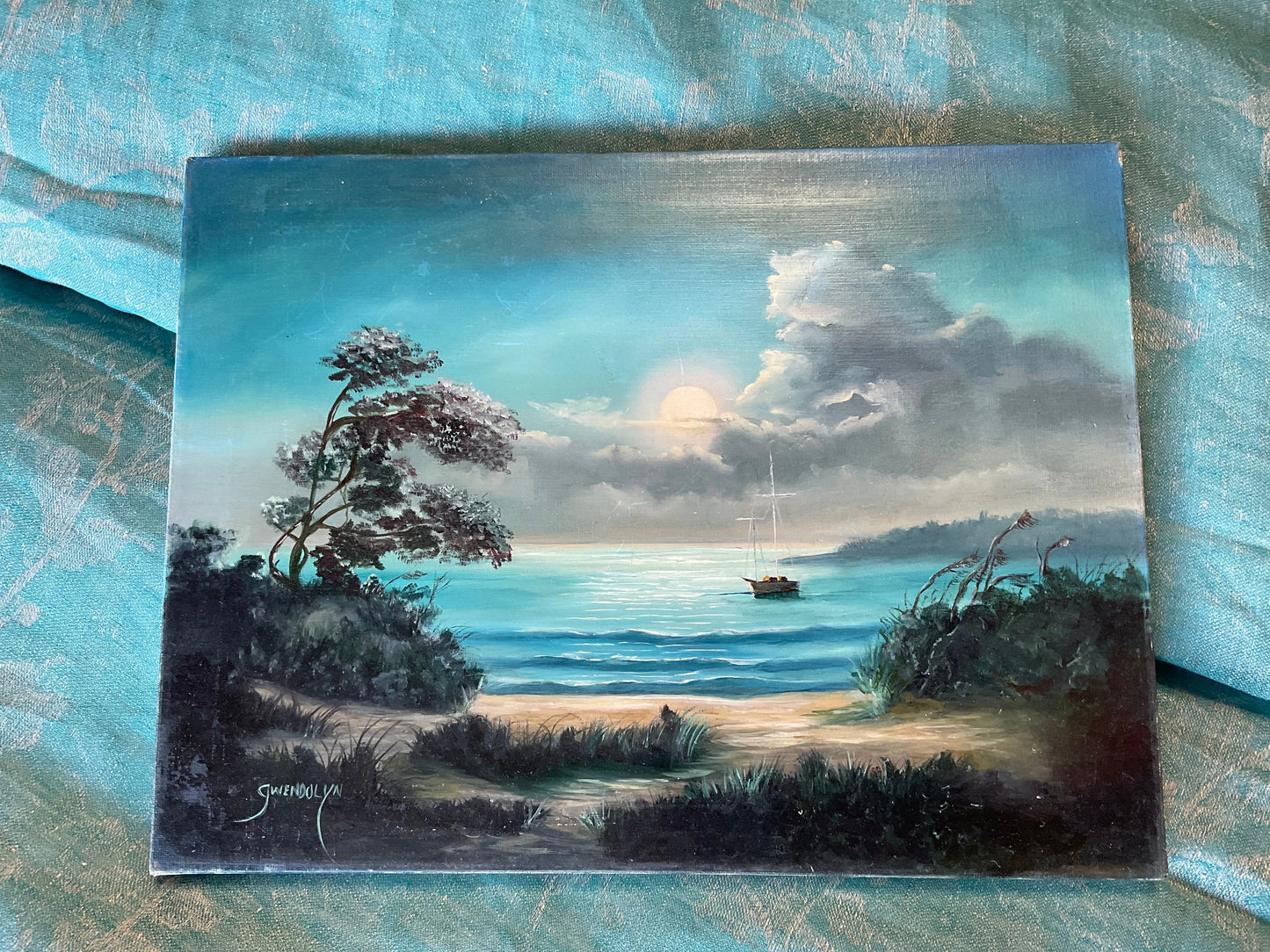 Vintage Barbazon Moonlit Beach Oil Painting Signed