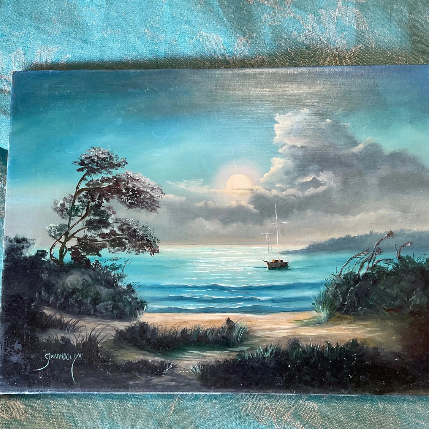 Vintage Barbazon Moonlit Beach Oil Painting Signed