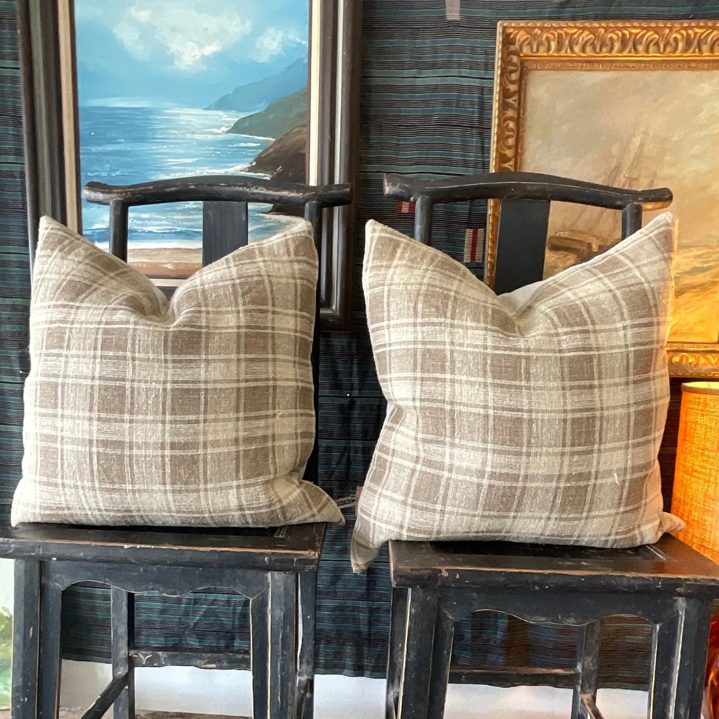 Antique Ukrainian Plaid Hemp Pillow 24x24