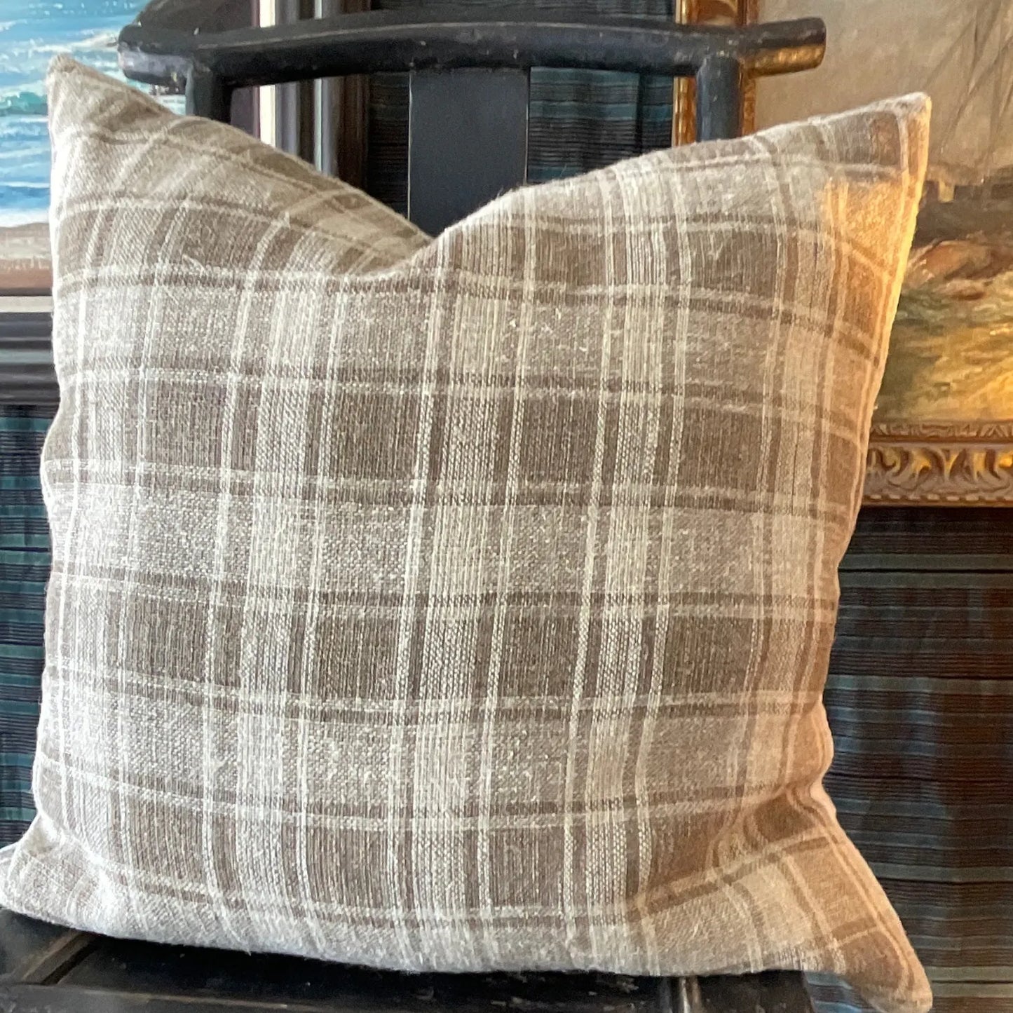 Antique Ukrainian Plaid Hemp Pillow 24x24