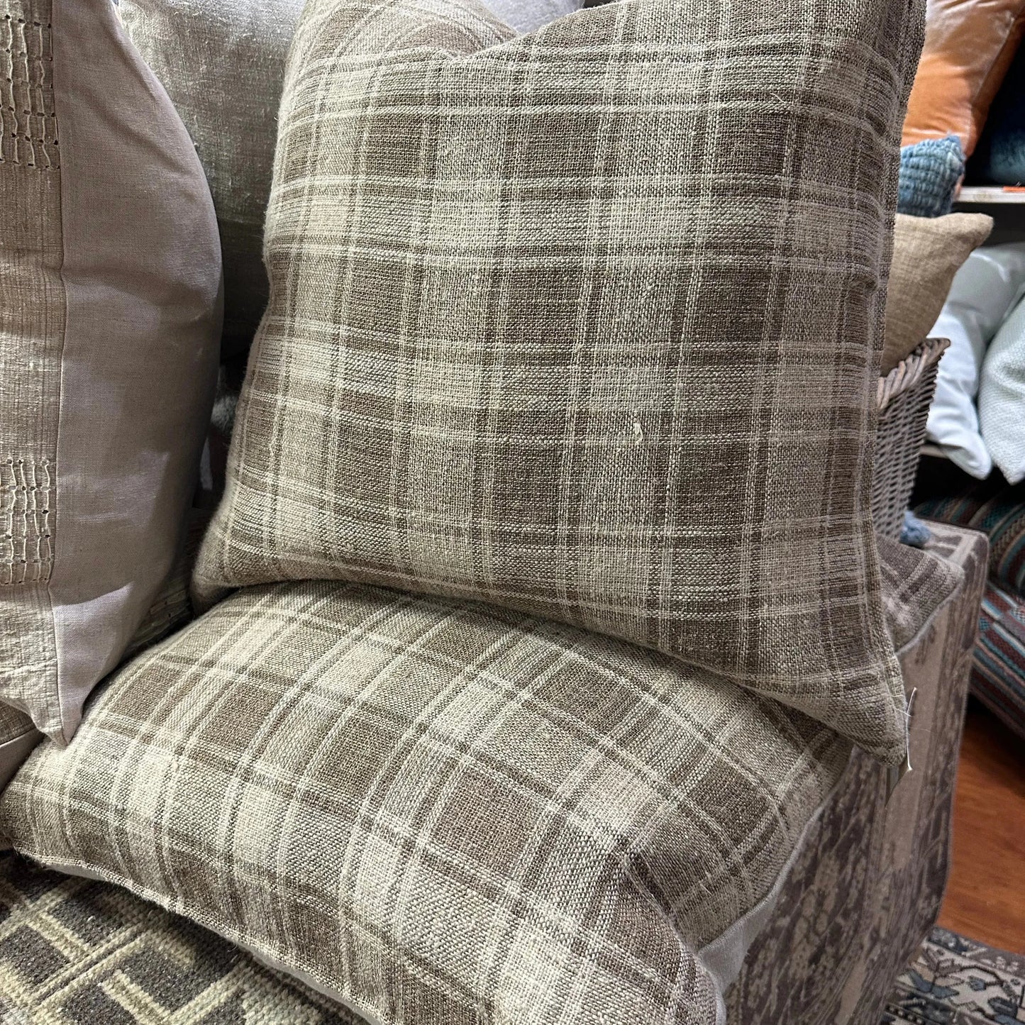 Antique Ukrainian Plaid Hemp Pillow 24x24 - Blue Springs Home