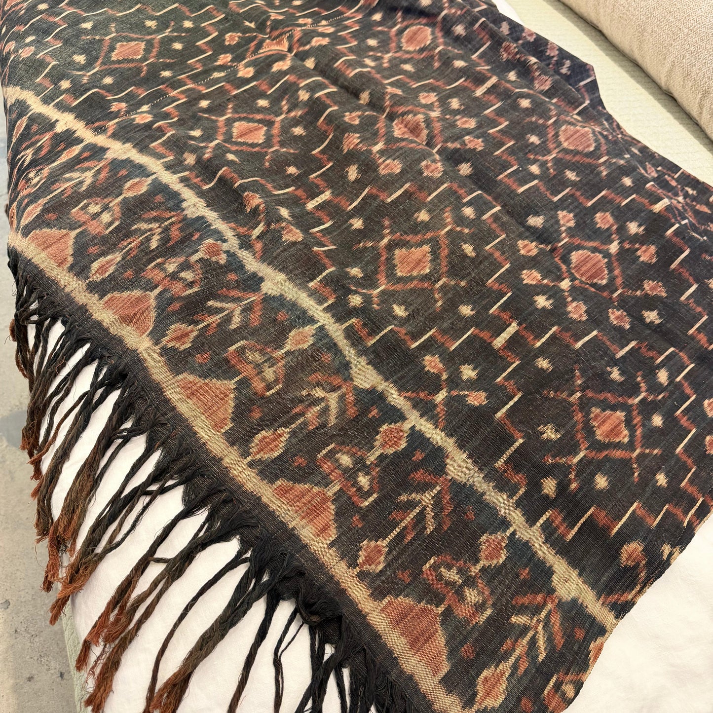 Indonesian Brown Rust Ikat Weaving w/ long fringe SML