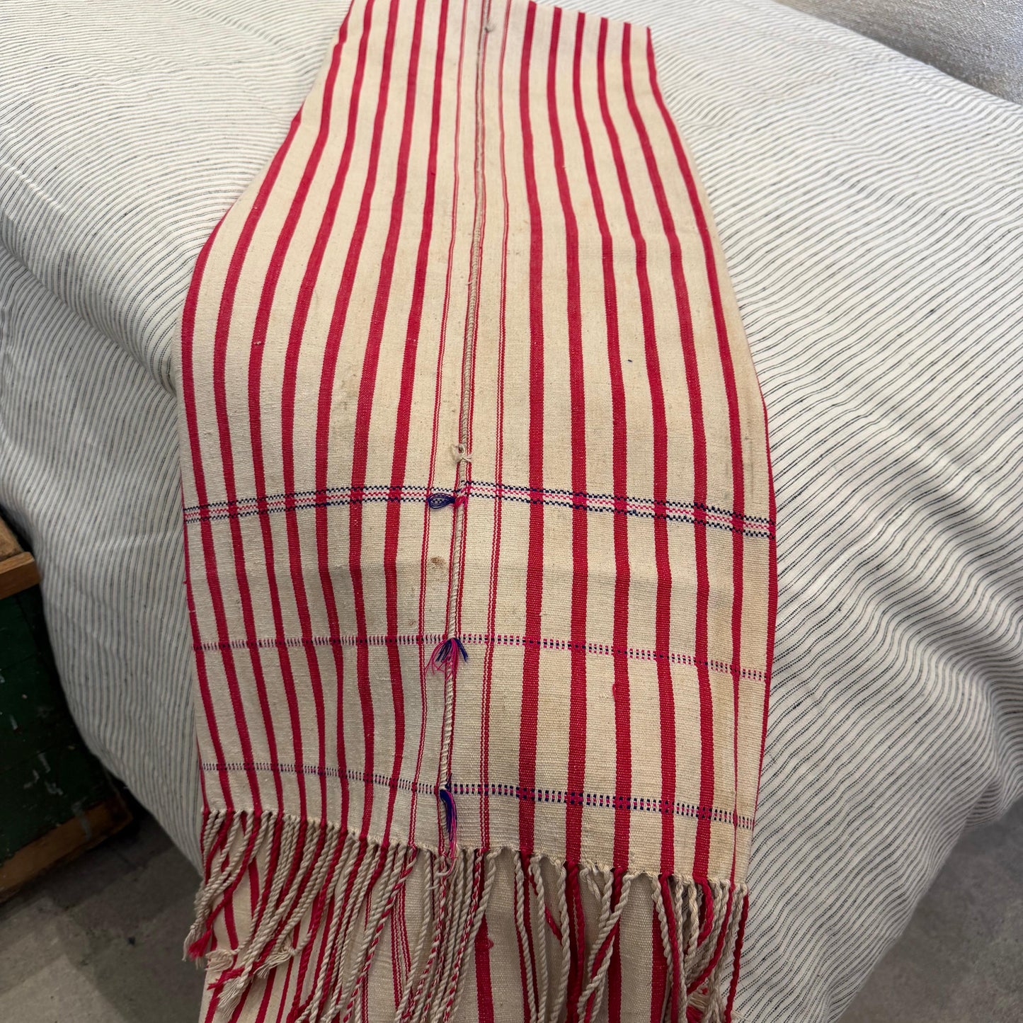 Vintage Hungarian red/white stripe textile throw w/fringe - Blue Springs Home