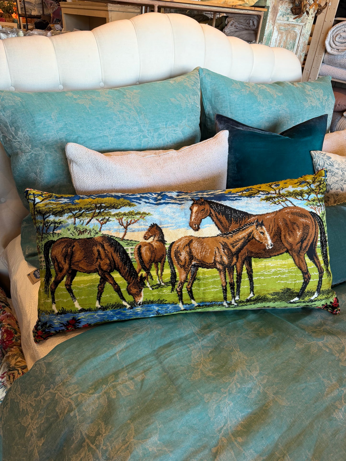 VTG Tapestry pillow Horses in Pasture Green