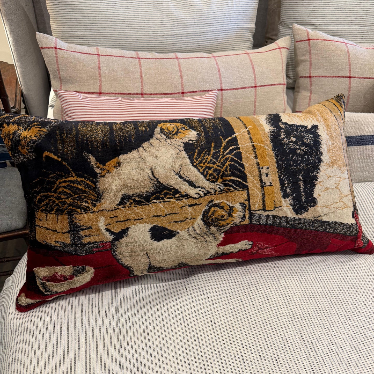VTG Tapestry pillow Terriers & Black Cat - Blue Springs Home