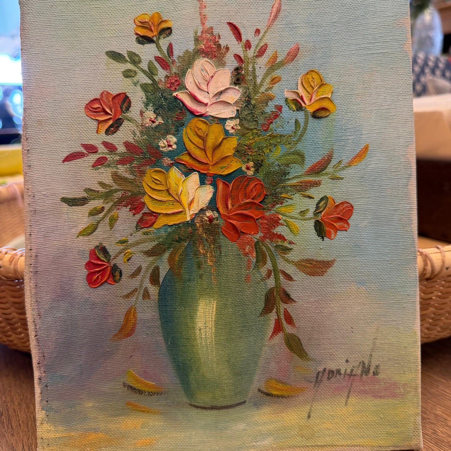 VTG Small floral vase roses painting oil 8x10 - Blue Springs Home