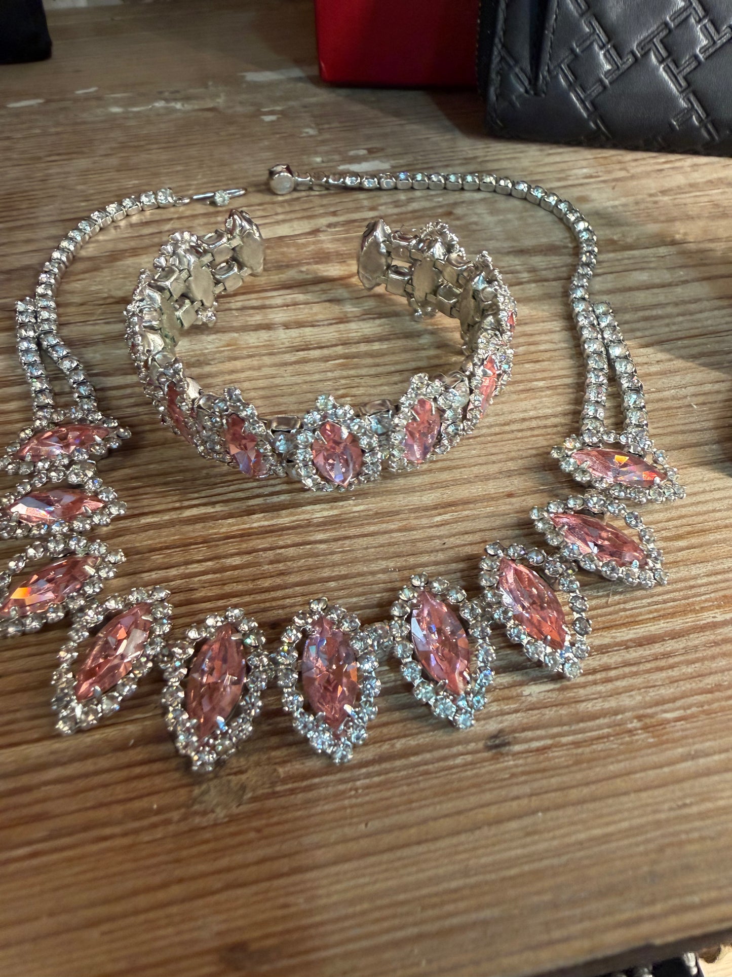 Vintage Weiss necklace and bracelet rhinestone pink