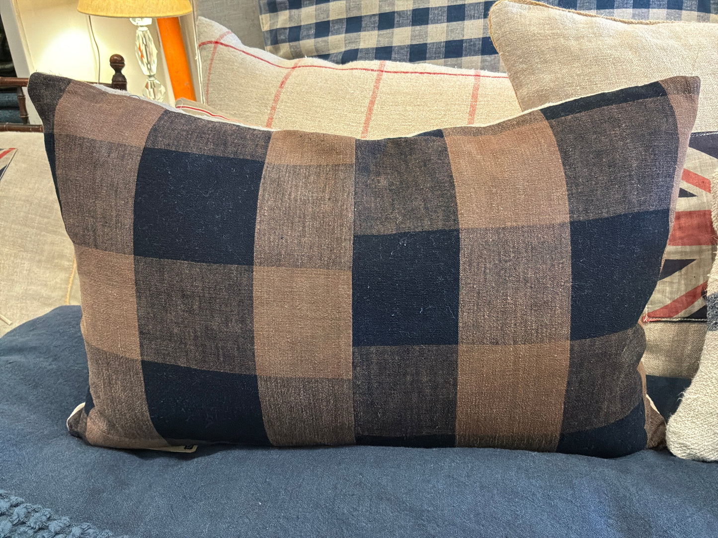 Vintage Japanese Check Indigo/Brown 15x22