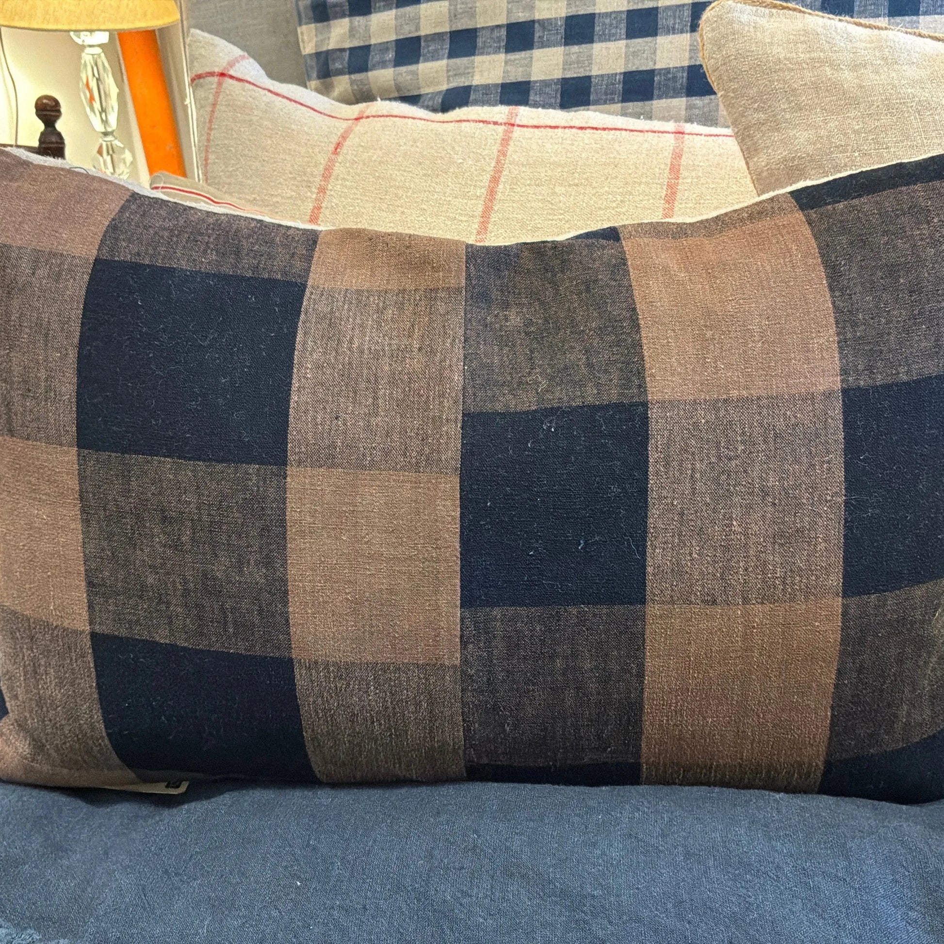 Vintage Japanese Check Indigo/Brown 15x22 - Blue Springs Home