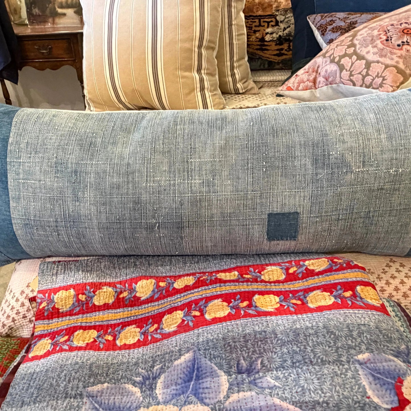 Antique Woven Chinese pillow 2 blues - Blue Springs Home
