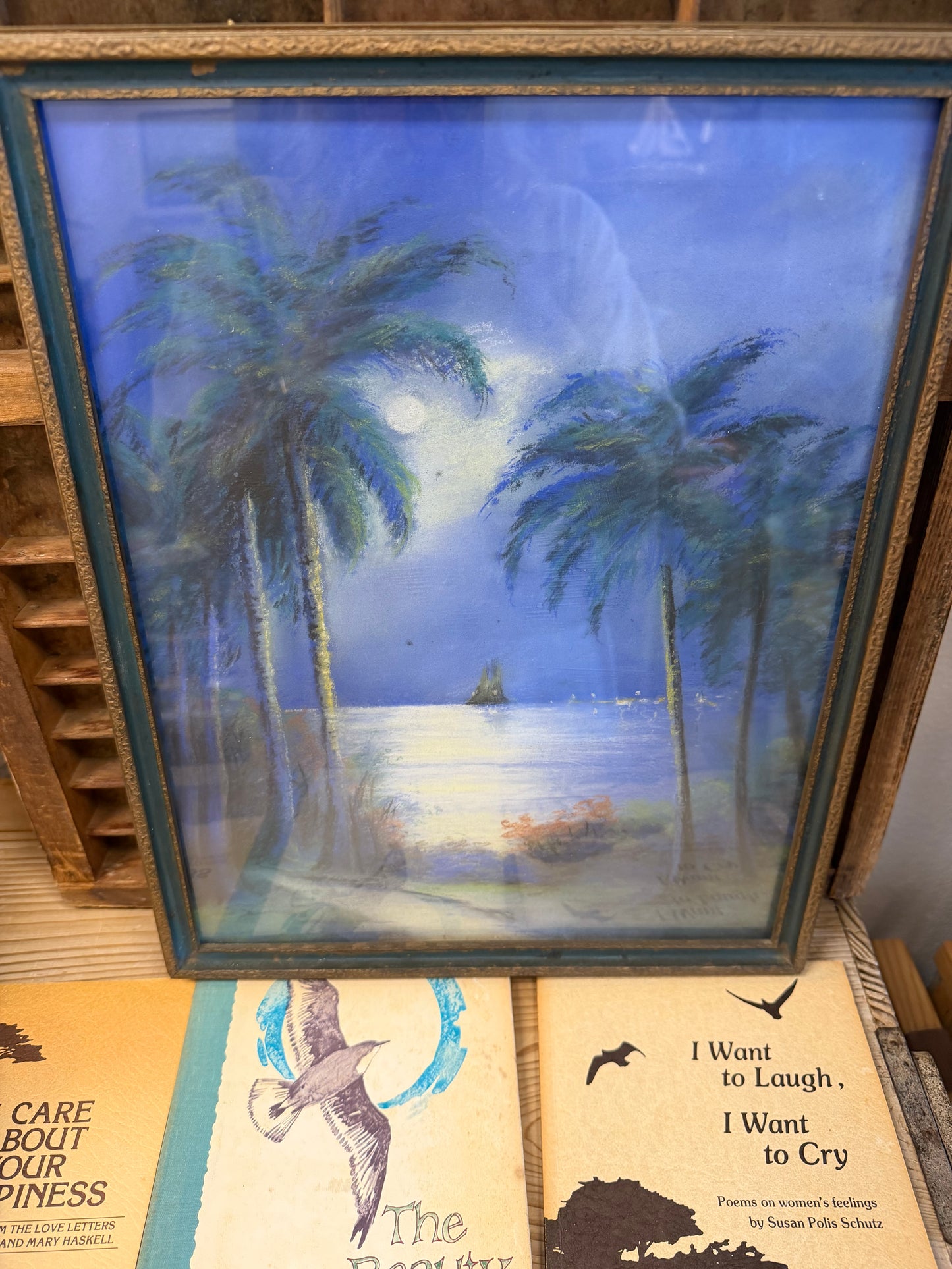 1920’s Original Tropical Moonlit Chalk Art w/Frame