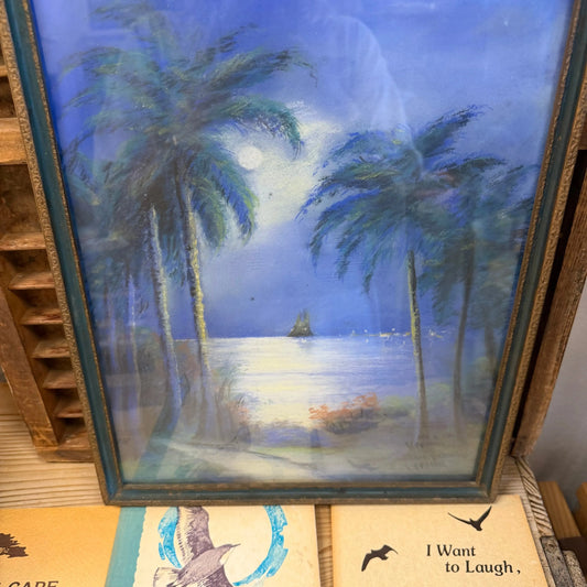 1920’s Original Tropical Moonlit Chalk Art w/Frame - Blue Springs Home