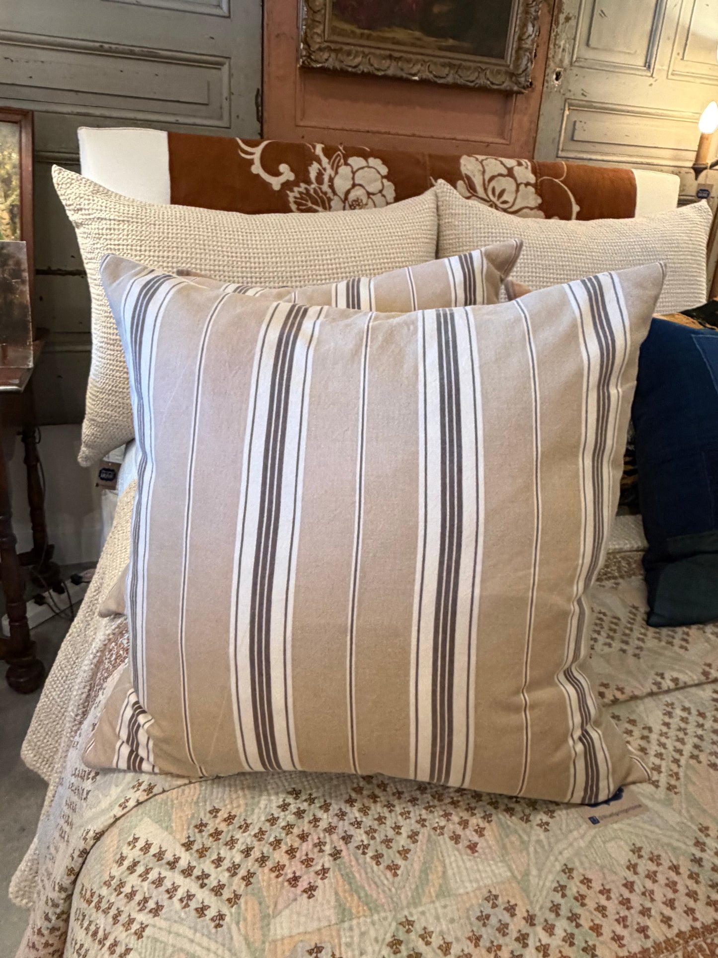 Vintage French Ticking pillow browns 22x22