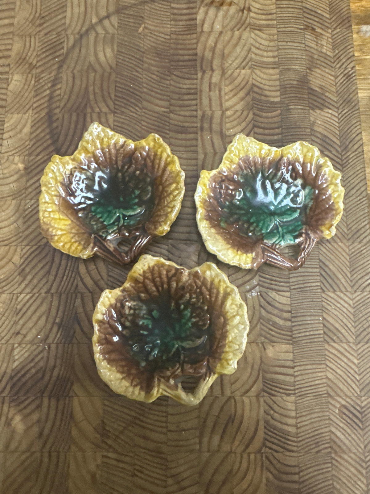 3 Rare Antique Majolica Maple Leaf Butter Pats