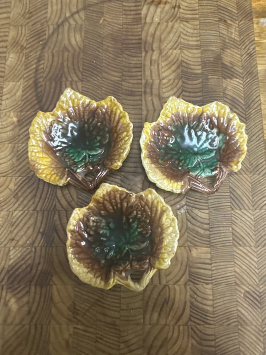 3 Rare Antique Majolica Maple Leaf Butter Pats