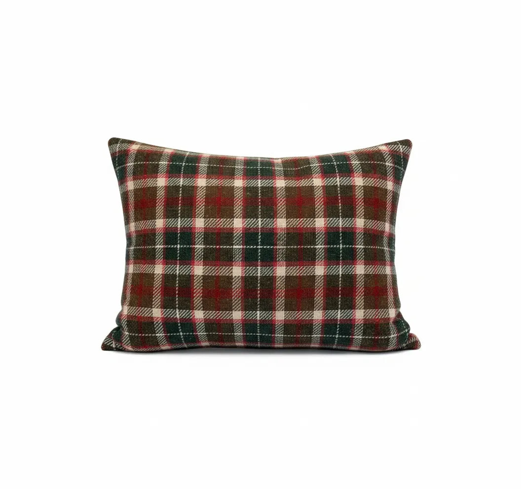 Wool Plaid Pillow Green Red 26x20