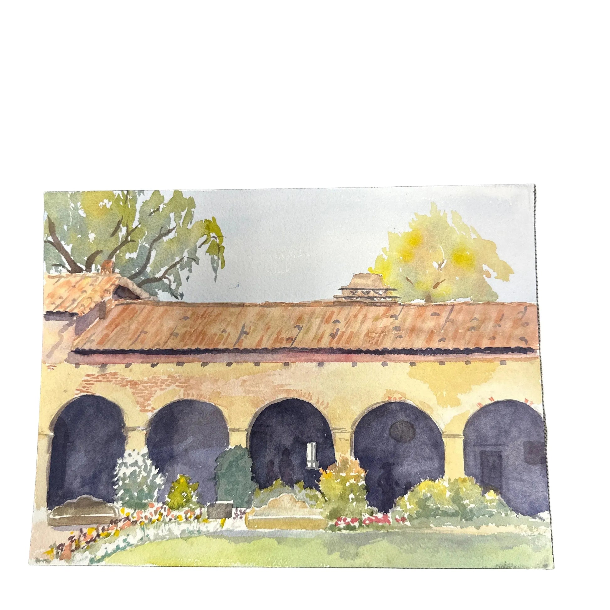 Original watercolor Mission SJC arches and garden 9x12 - Blue Springs Home