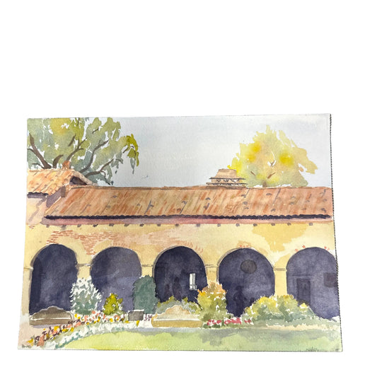 Original watercolor Mission SJC arches and garden 9x12 - Blue Springs Home