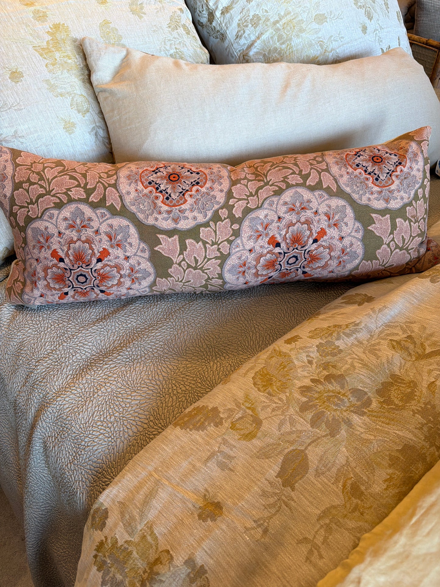 Vintage Japanese Chintz Pillow green/pink 12x32