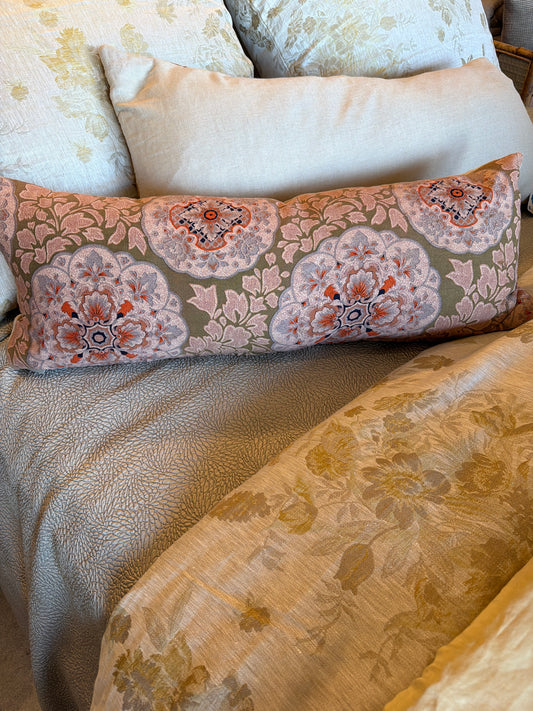 Vintage Japanese Chintz Pillow green/pink 12x32