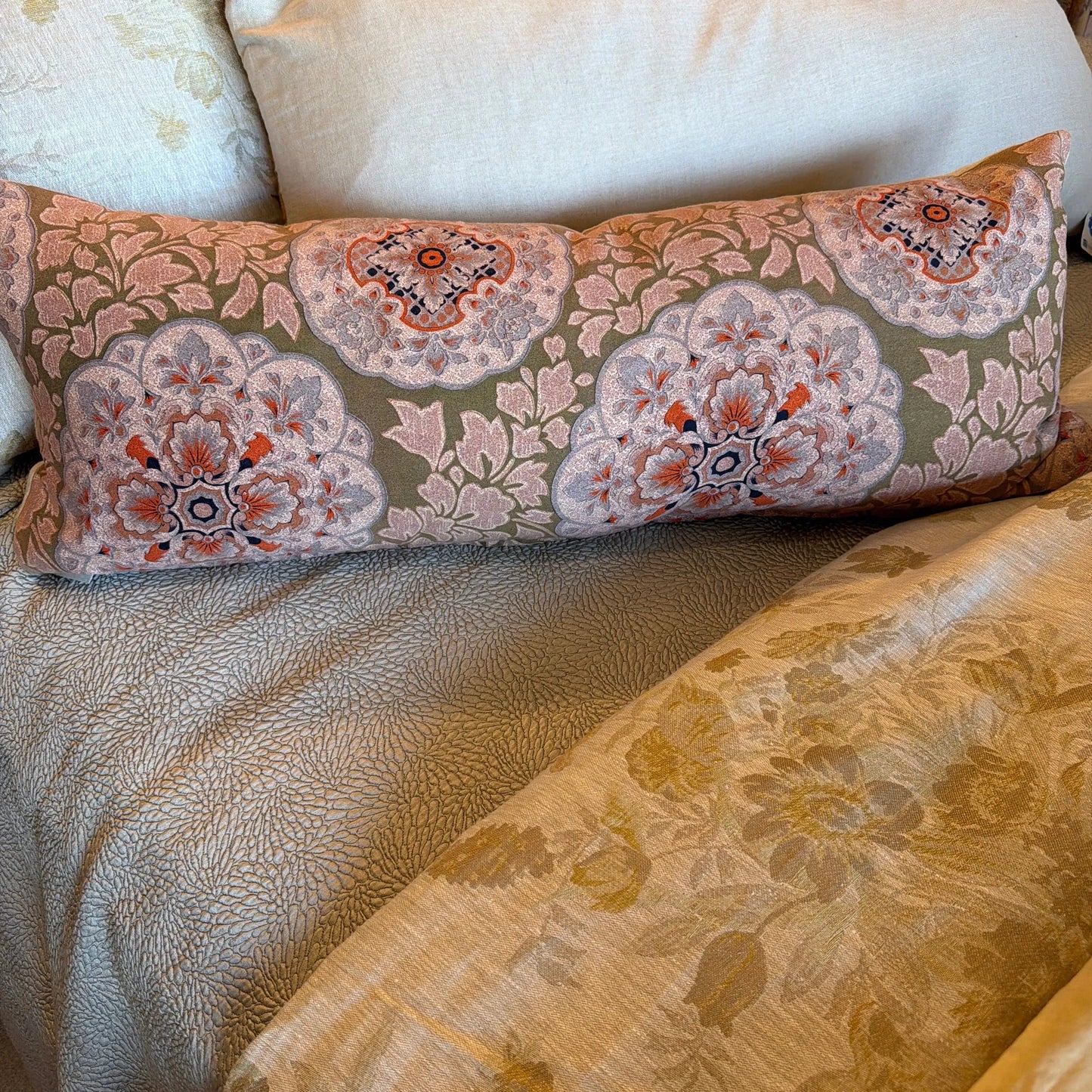 Vintage Japanese Chintz Pillow green/pink 12x32 - Blue Springs Home