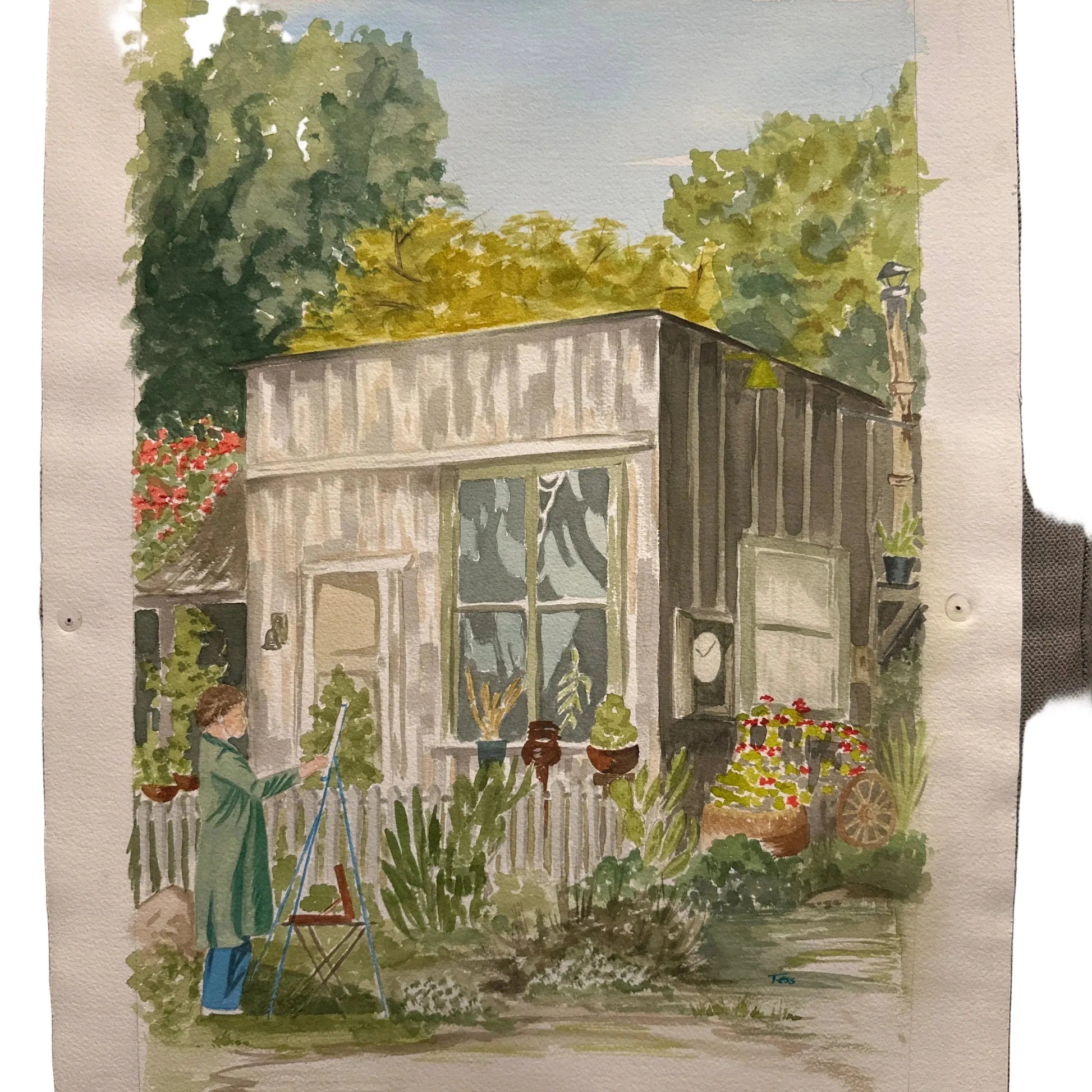 Original Watercolor Woman in Garden Painting 15x20 - Blue Springs Home
