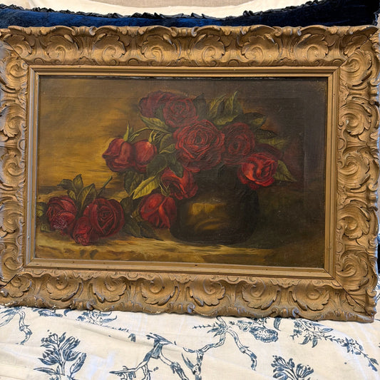 Antique red roses painting w/ gold frame - Blue Springs Home