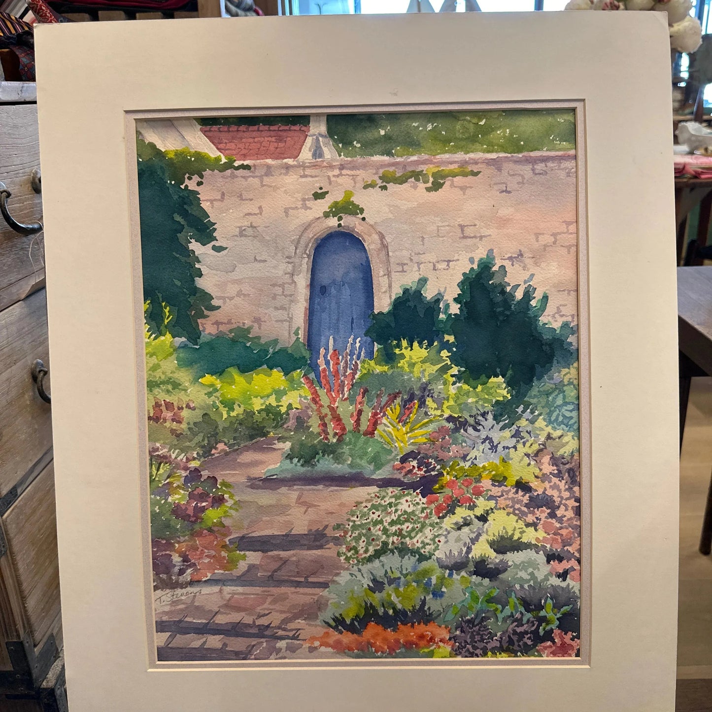 Original Watercolor Blue Door in Garden at SJC Mission 14.5x18 - Blue Springs Home
