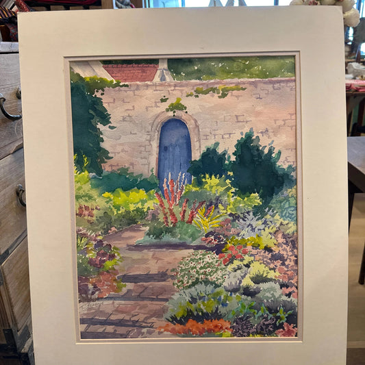 Original Watercolor Blue Door in Garden at SJC Mission 14.5x18 - Blue Springs Home