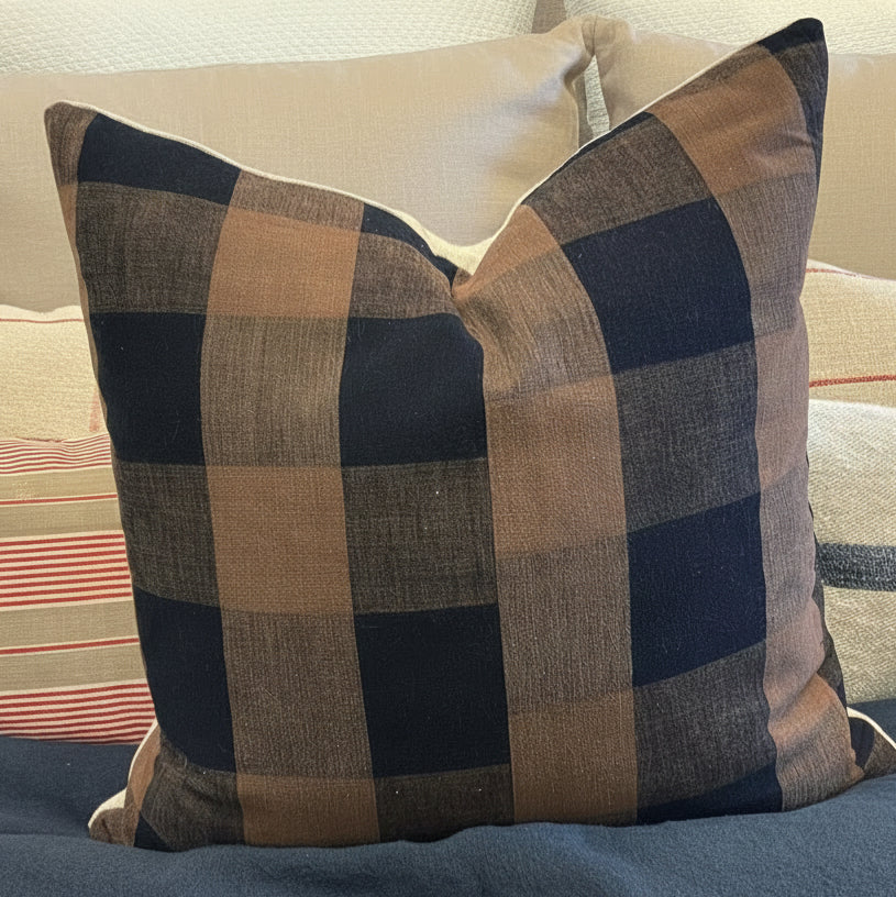 Antique Brown/Navy Check Pillow 22x22