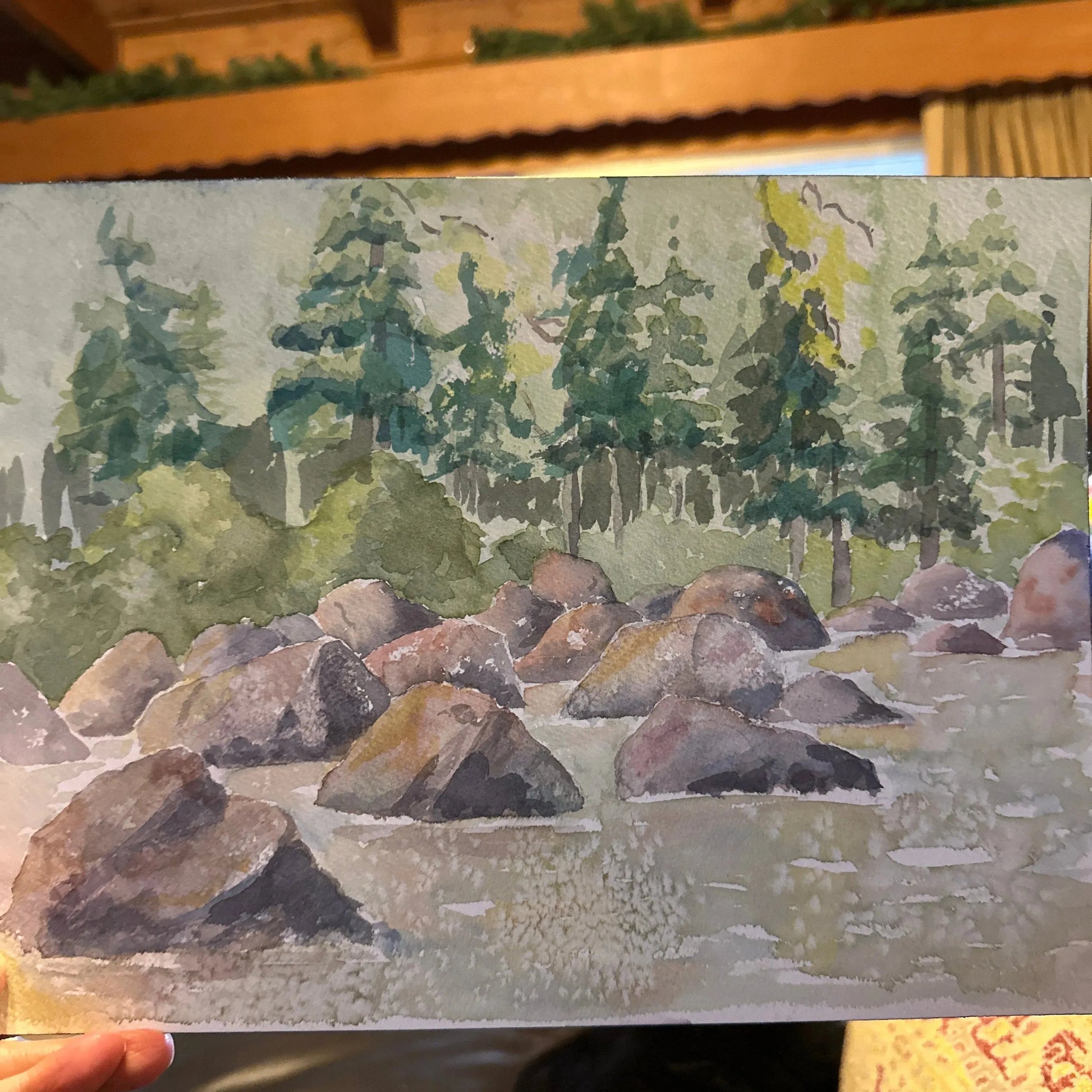 Original watercolor rocks and trees small - Blue Springs Home