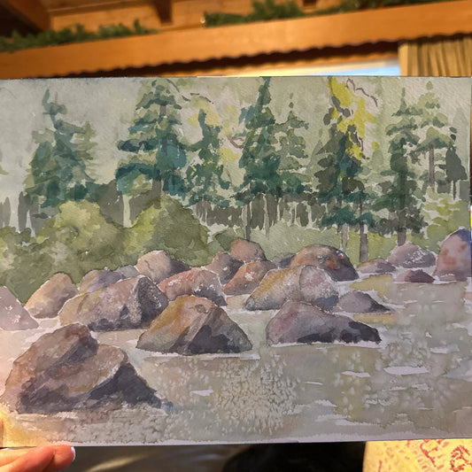Original watercolor rocks and trees small - Blue Springs Home