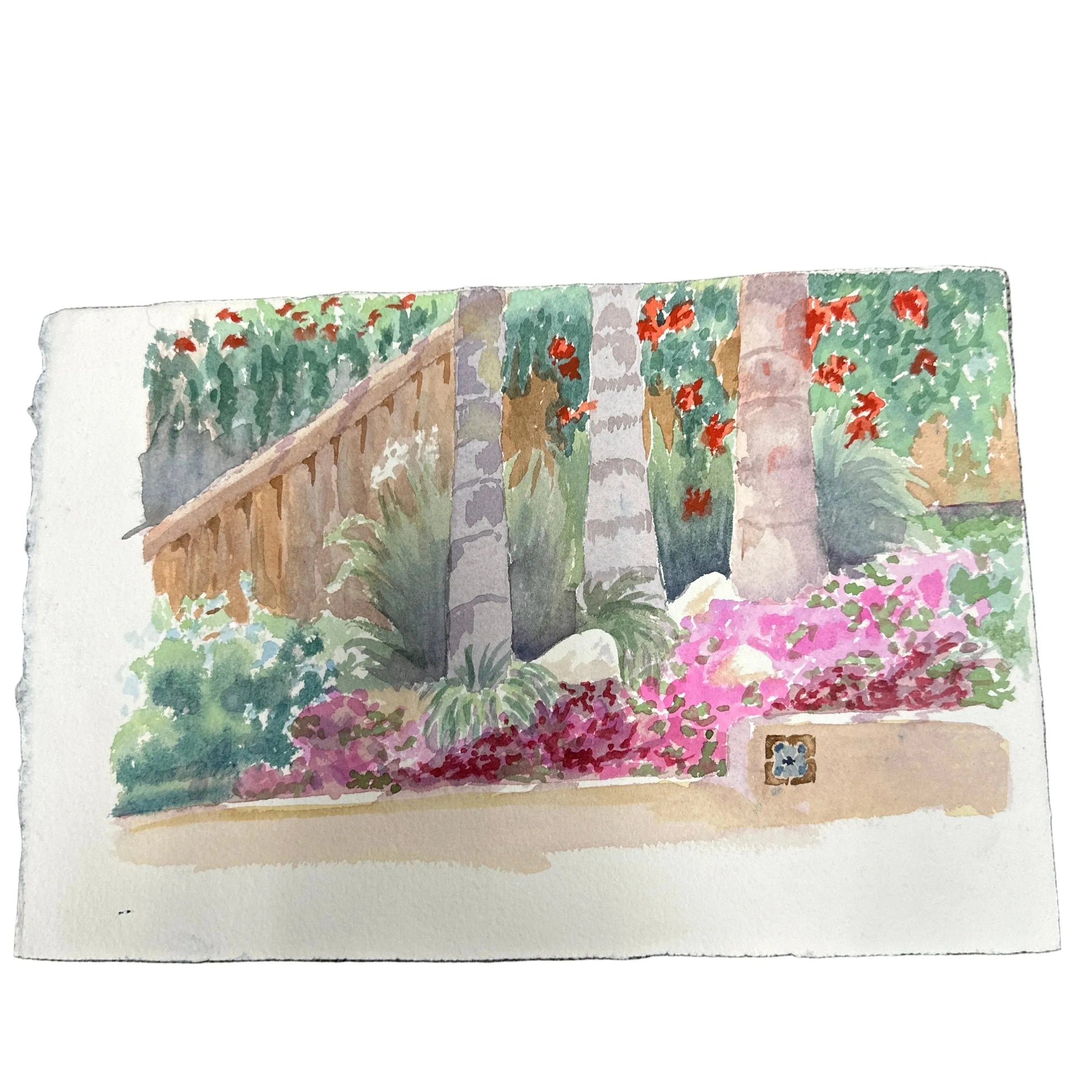 Original Watercolor SJC Mission floral garden 11x7.5 - Blue Springs Home