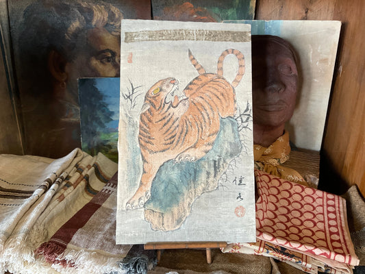 Vintage Japanese Tiger painting on Silk w/easel