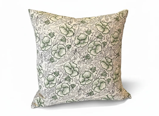 Cream Green Black Print Pansies