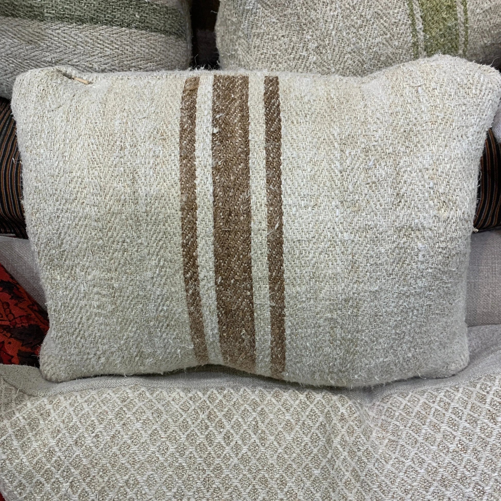 Antique Grainsack Pillow Boudoir w/ Brown Stripe - Blue Springs Home