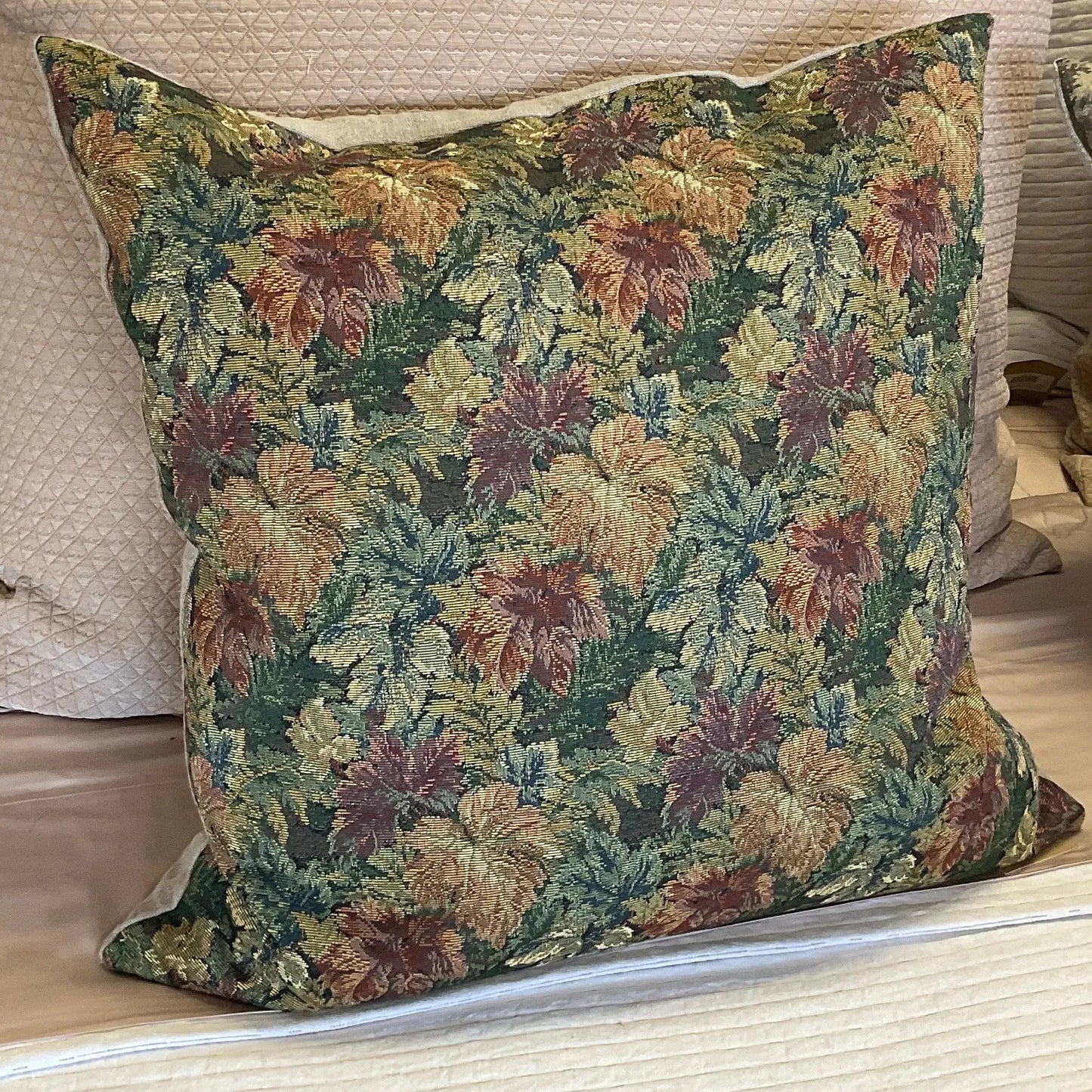 Vintage Tapestry Pillow Green Leaves 24x24 - Blue Springs Home