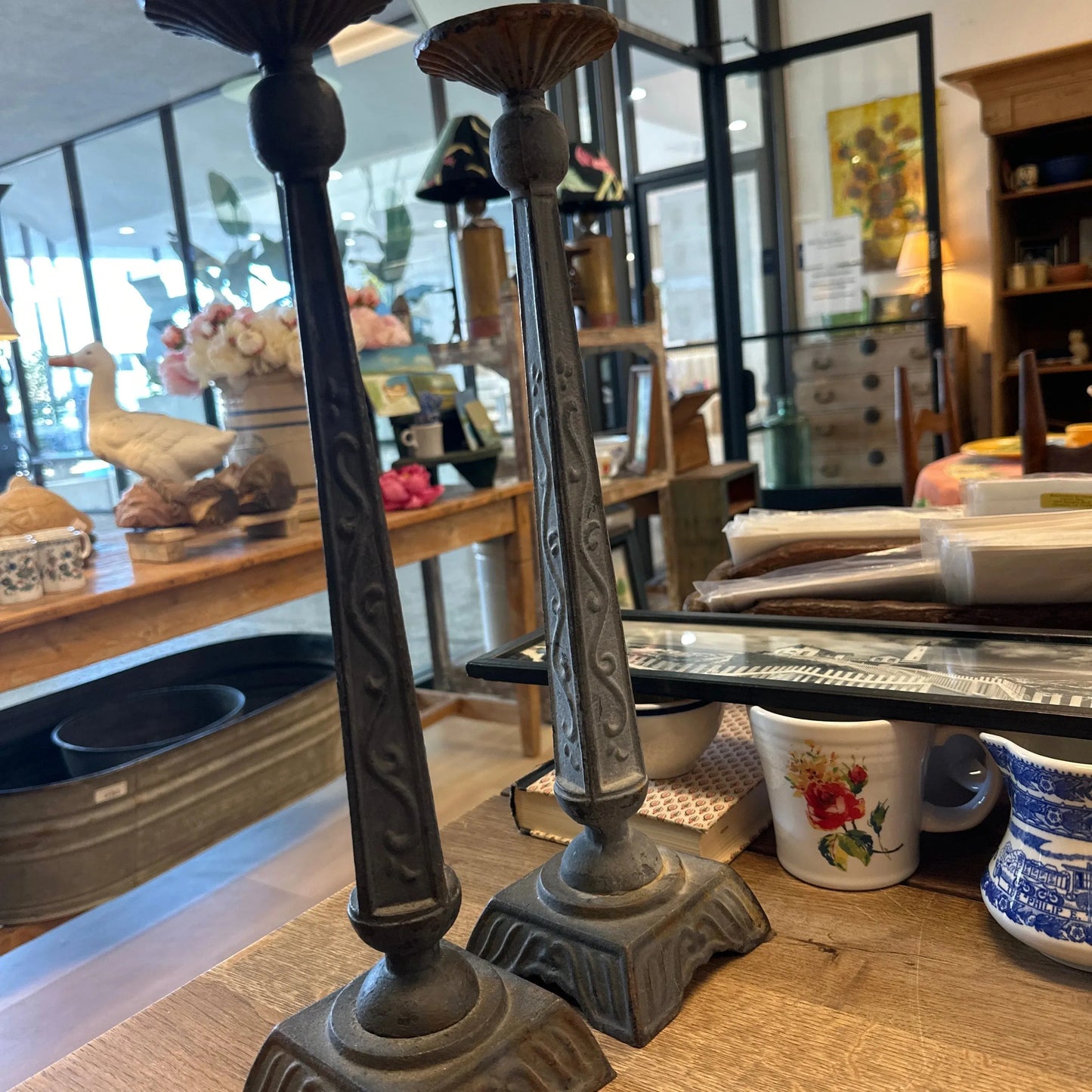 Old iron tall candlesticks pair - Blue Springs Home