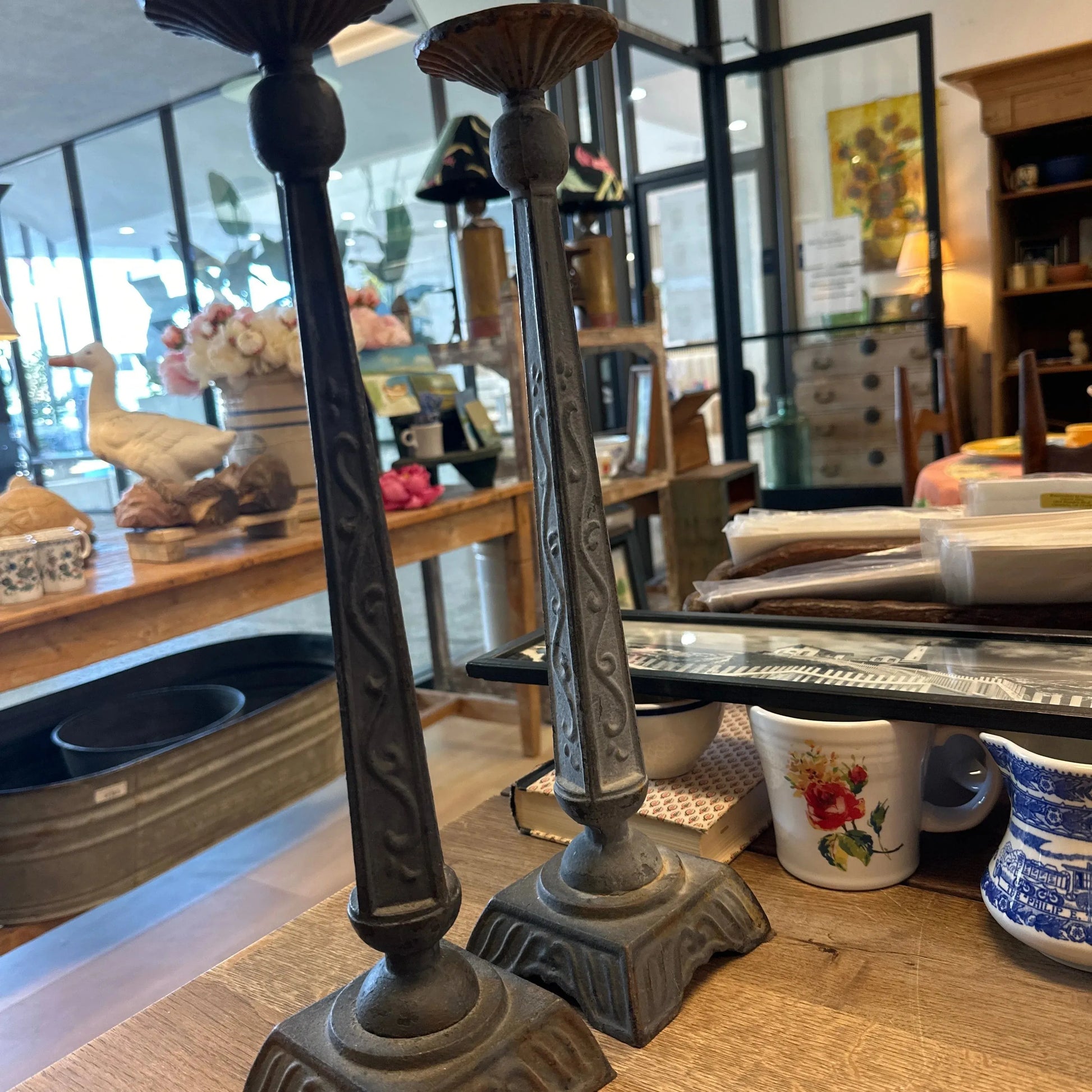 Old iron tall candlesticks pair - Blue Springs Home